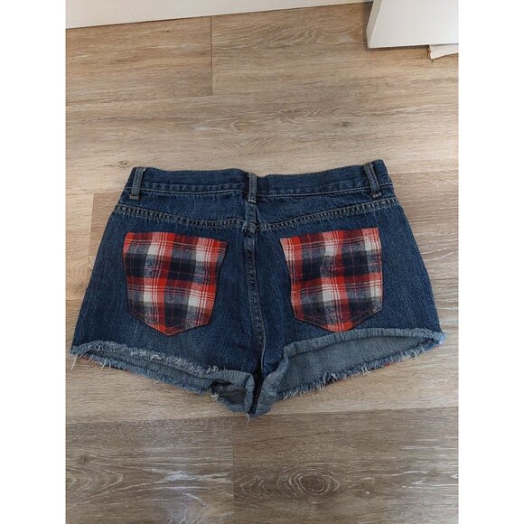 Forever 21 Plaid Denim Shorts L Red/Blue Checkered Pattern Womens Summer Style - Picture 3 of 3